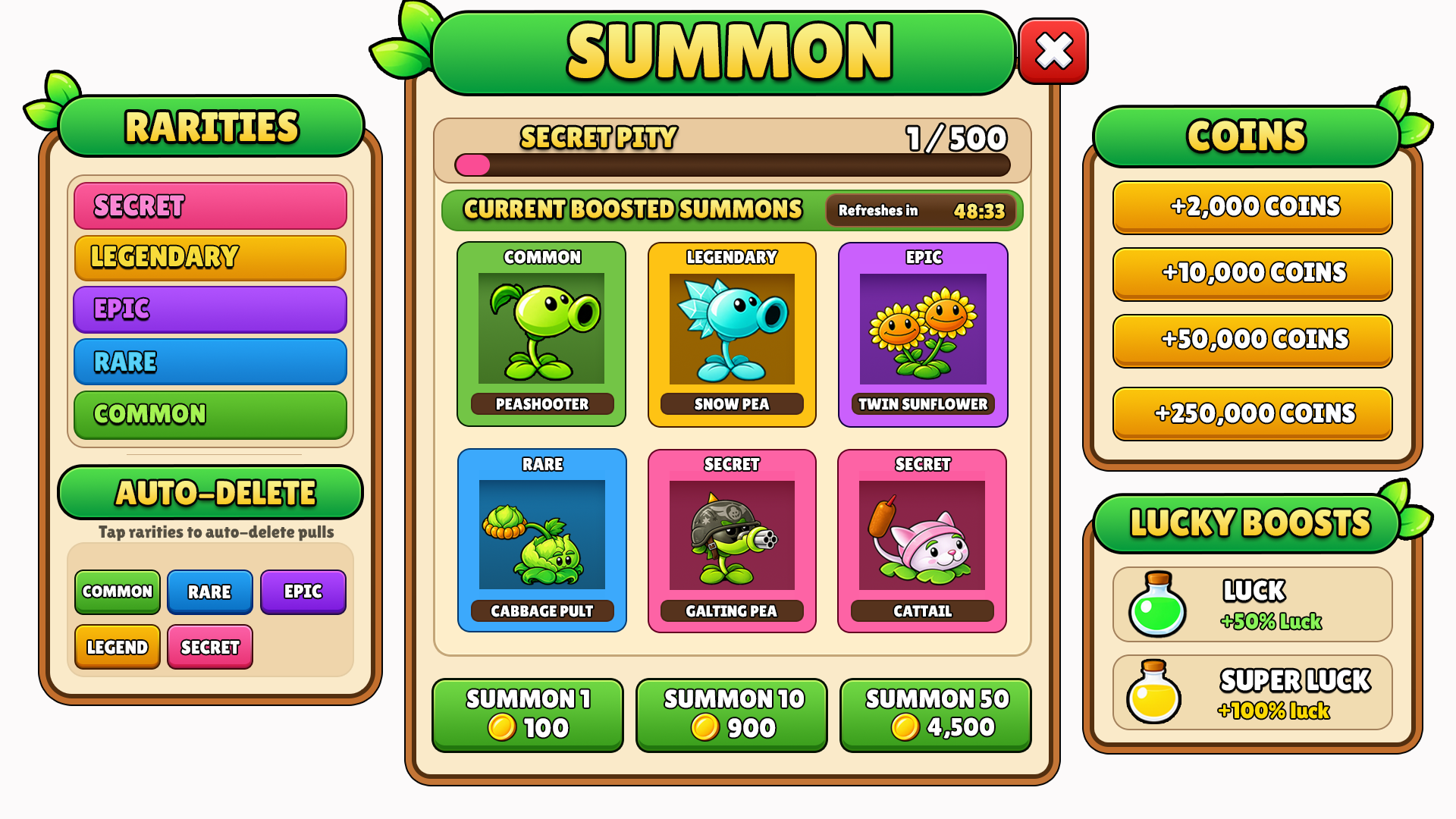 Summon screen with rarities, pity bar and lucky boosts