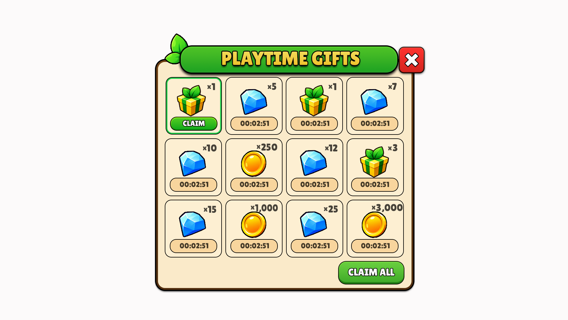 Playtime gifts reward grid