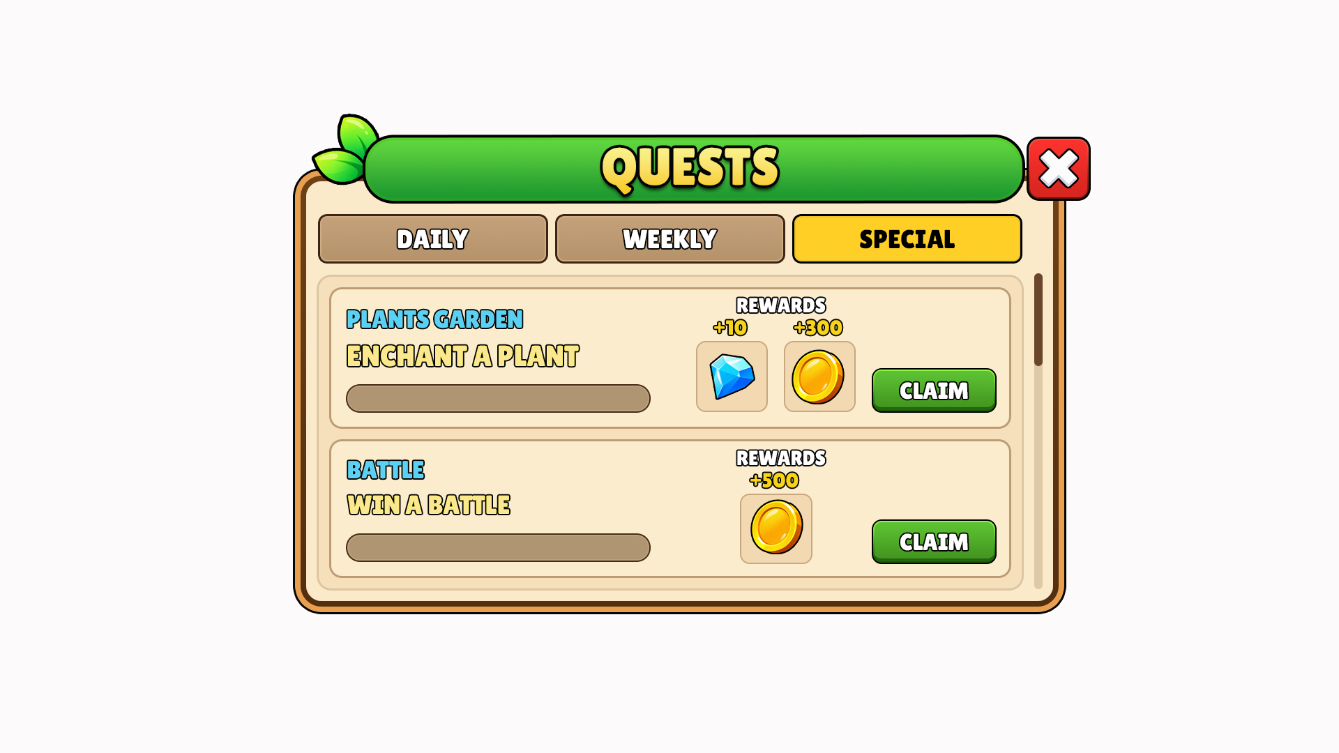 Quests panel with daily, weekly and special tabs