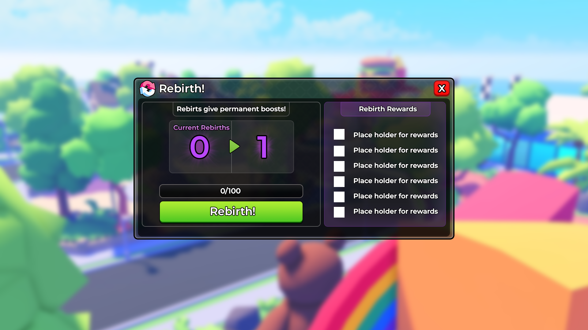 Rebirth menu with rewards