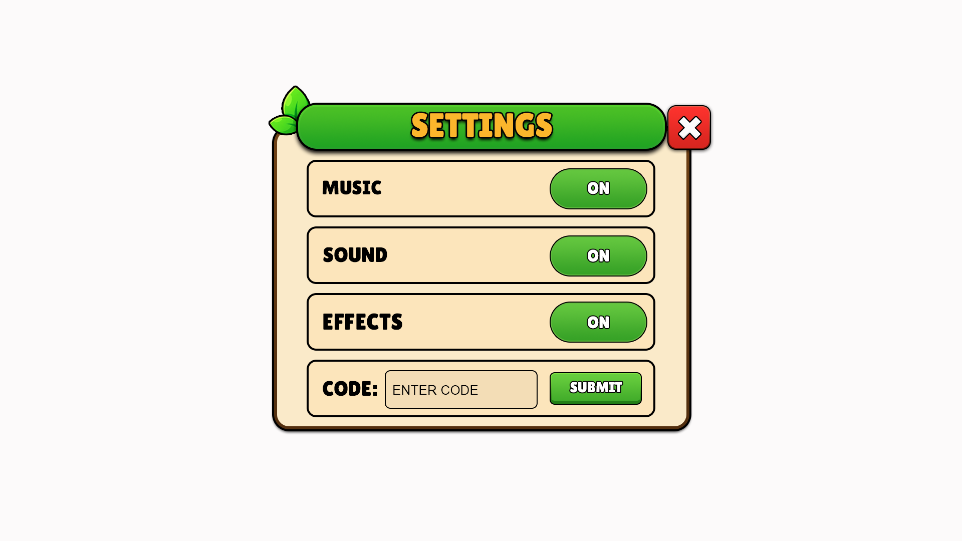 Settings panel with toggles and code redemption