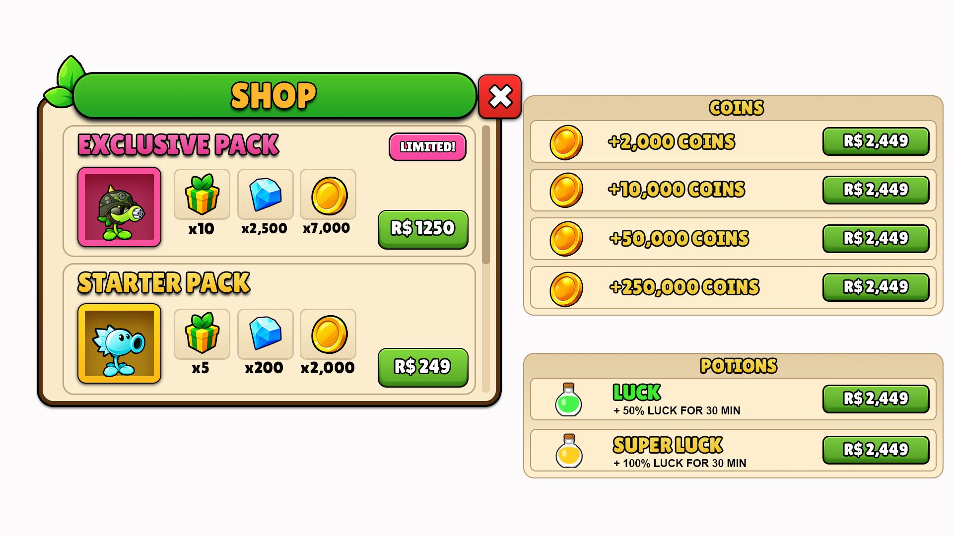Plant pack shop with coin and potion tiers