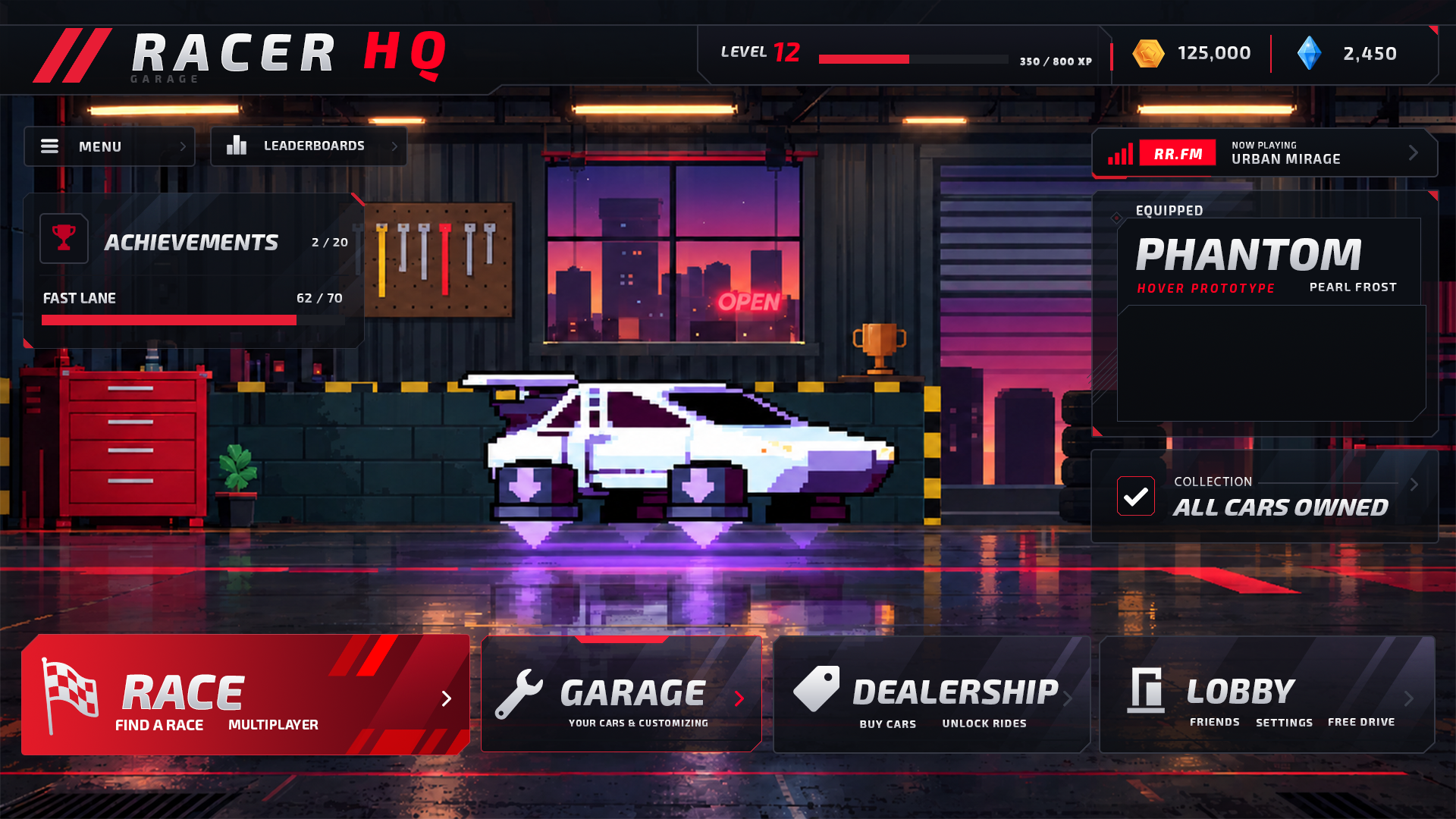 Pixel art racing game garage main menu