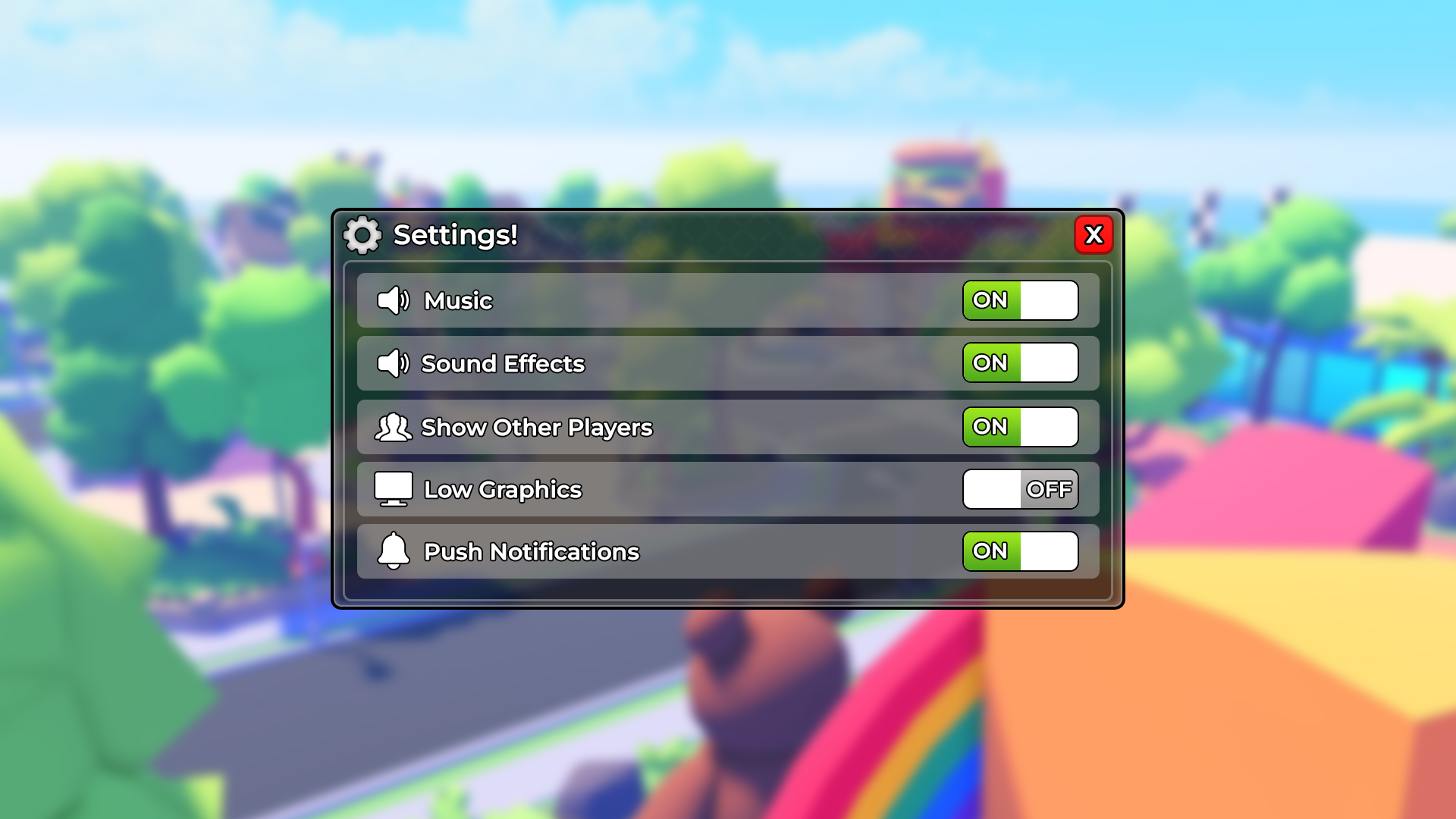 Settings panel with toggles