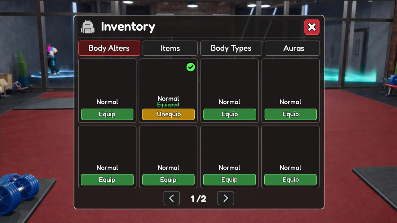 Gym inventory and equipped items