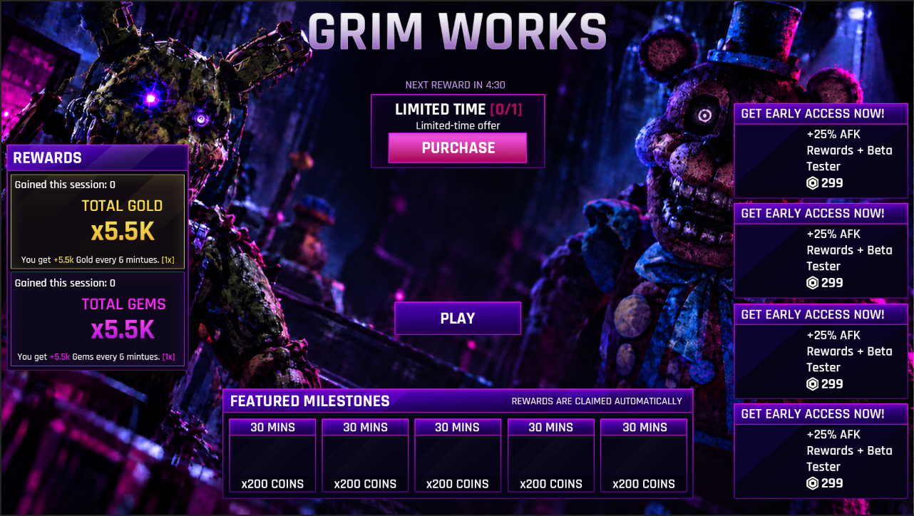 Horror game lobby with rewards and milestone interface