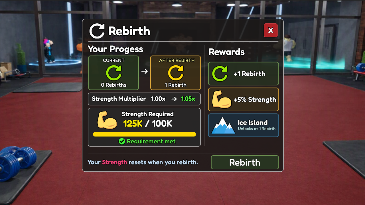 Gym rebirth progression menu
